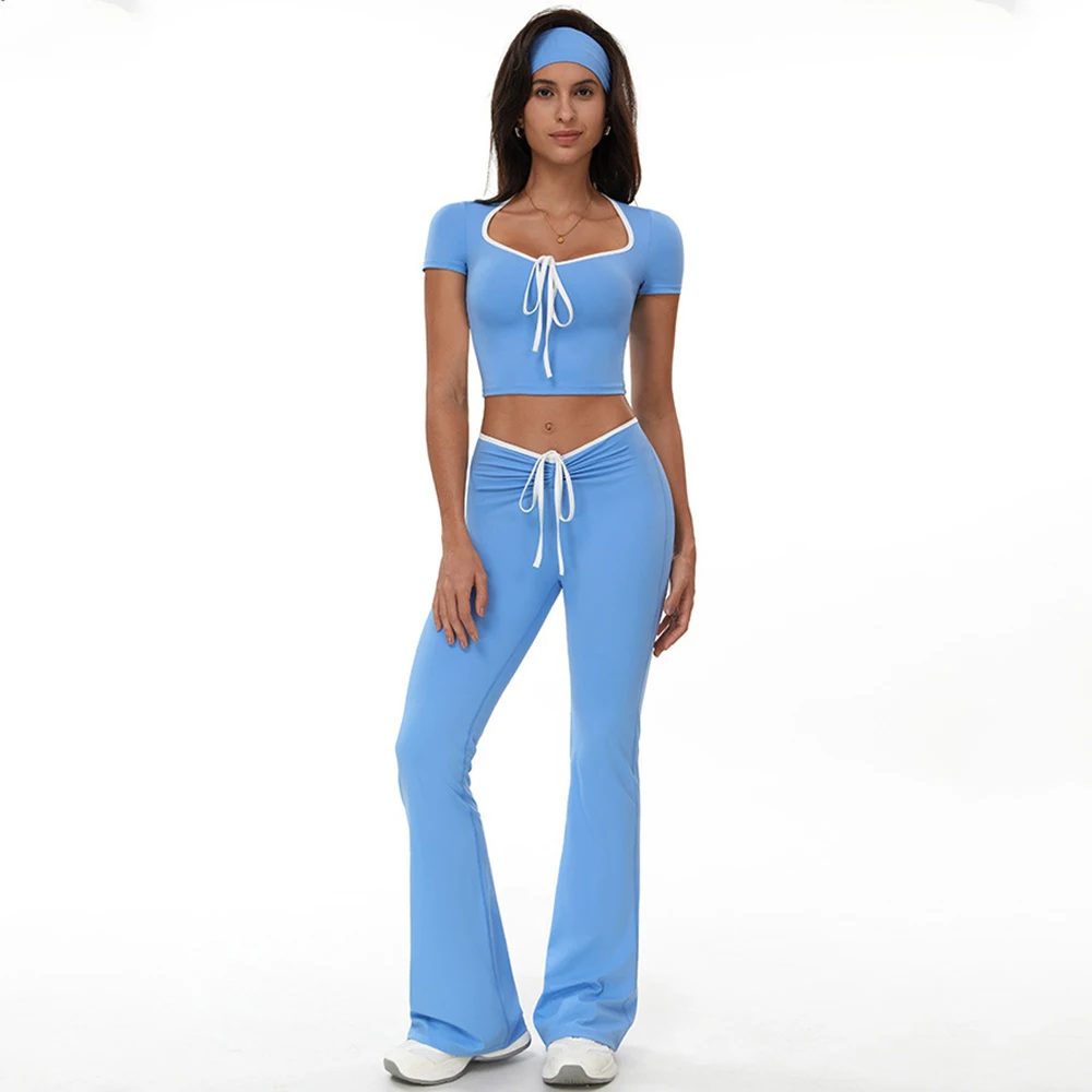 

Yoga Set 2 Pieces Workout Clothing Women Gym Sportswear Fitness Short Sleeve Crop Top High Waist Leggings Sports Suits Tracksuit