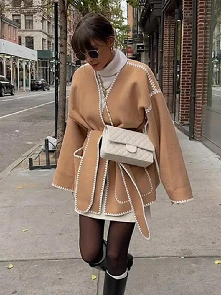 HH femmes automne mode col en v coquille artisanat ceinture laine veste femme polyvalent haute rue décontracté poche manteau décoratif