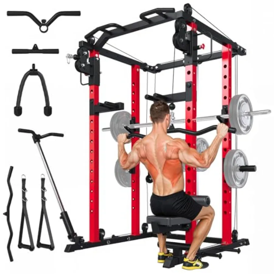 

Power Rack with LAT Pulldown Dual Pulley 2000lbs Squat Rack for Home Gym All-in-One Strength Training Cage with Cable Crossover