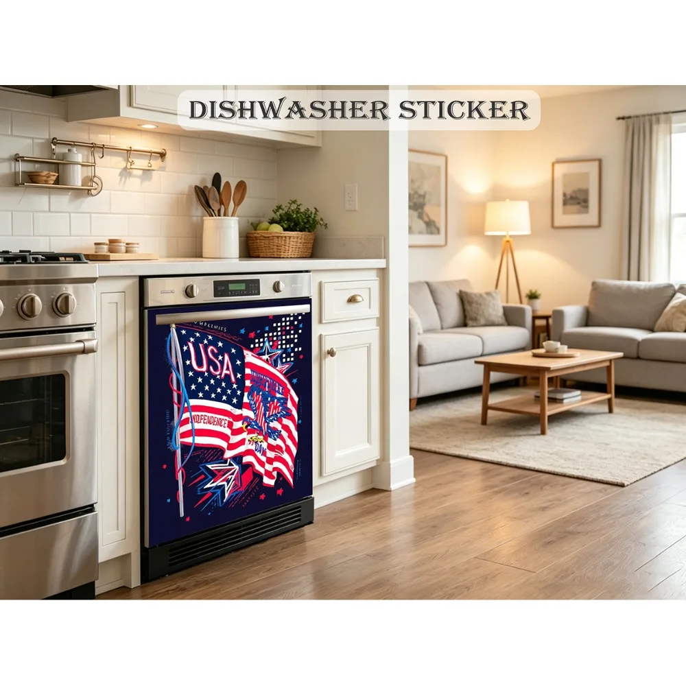Vintage American Independence Day Dishwasher Door Sticker Self‑Adhesive Retro USA Flag Eagle Statue of Liberty Appliance Decal