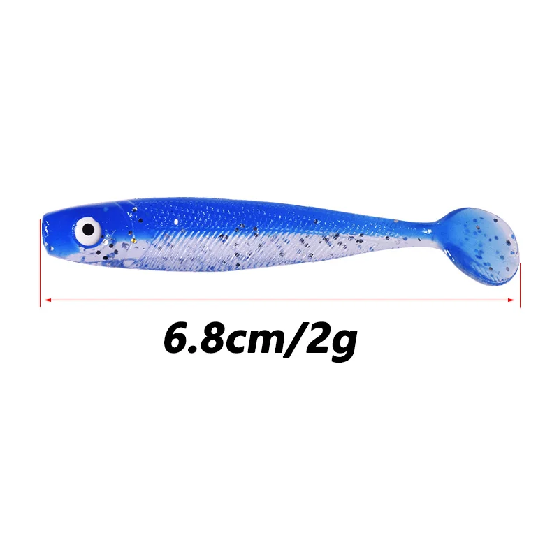 10 buah/lot umpan pancing silikon warna ganda mata 3D umpan lunak buatan Jig goyang ekor T umpan pancing untuk ikan mas Trout Bass