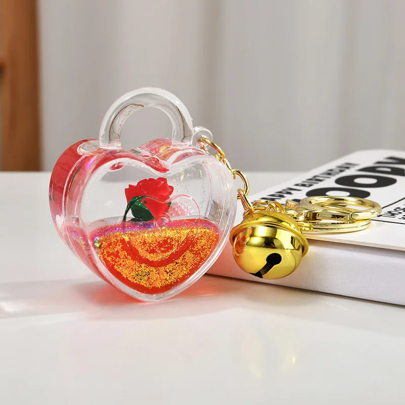 Creative Liquid Heart Shape Keychain Cute Quicksand Floating Love Rose Flower Pendant Keyfob Couple Valentine's Day Gift Keyring