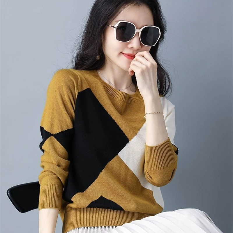 Elegant Fashion O-Neck Splicing Contrast Colors Knitted Pullovers for Women 2023 New Long Sweaters Sleeve Top Women\'s Clothing