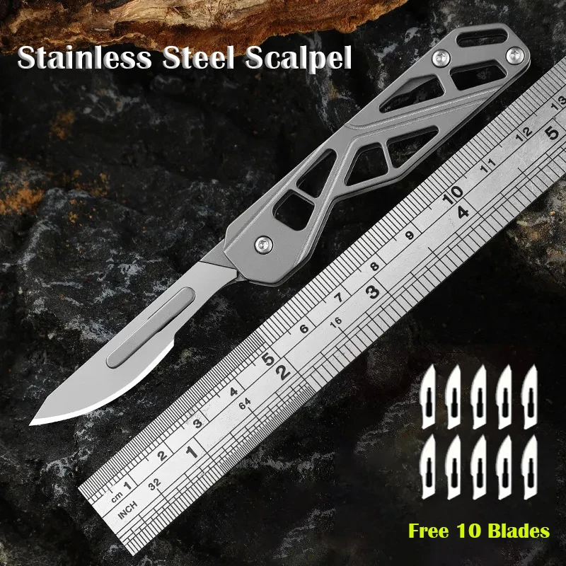 Couteau pliant à manche évidé, scalpel en acier inoxydable, coupe-déballage portable, multi-outils de survie EDC, boîte de scalpel, nouveau