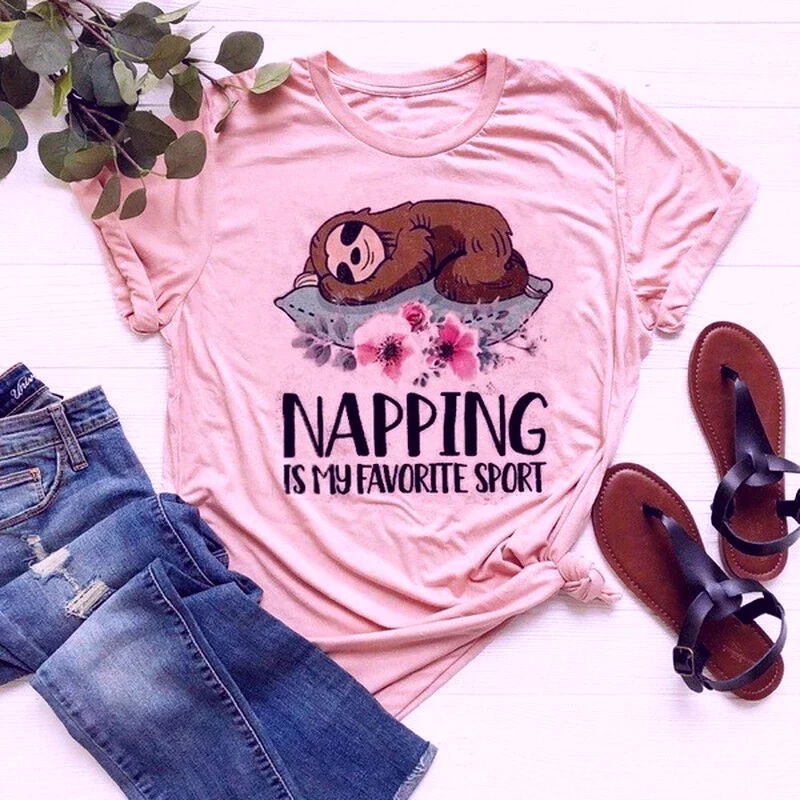 Napping Sloth Print T Shirt Women Short Sleeve O Neck Loose Tshirt Summer Women Tee Shirt Tops Camisetas Mujer