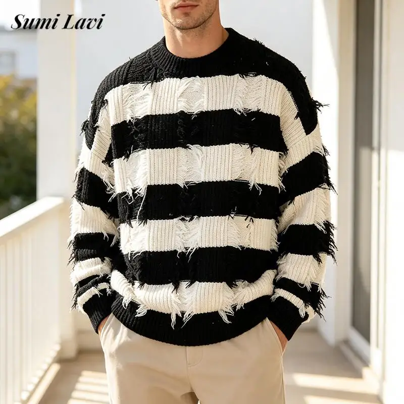 Streetwear Vintage Mens Long Sleeve Knit Tops Trendy Crew Neck Ripped Sweaters For Men Autumn Winter Casual Striped Knitting Tee
