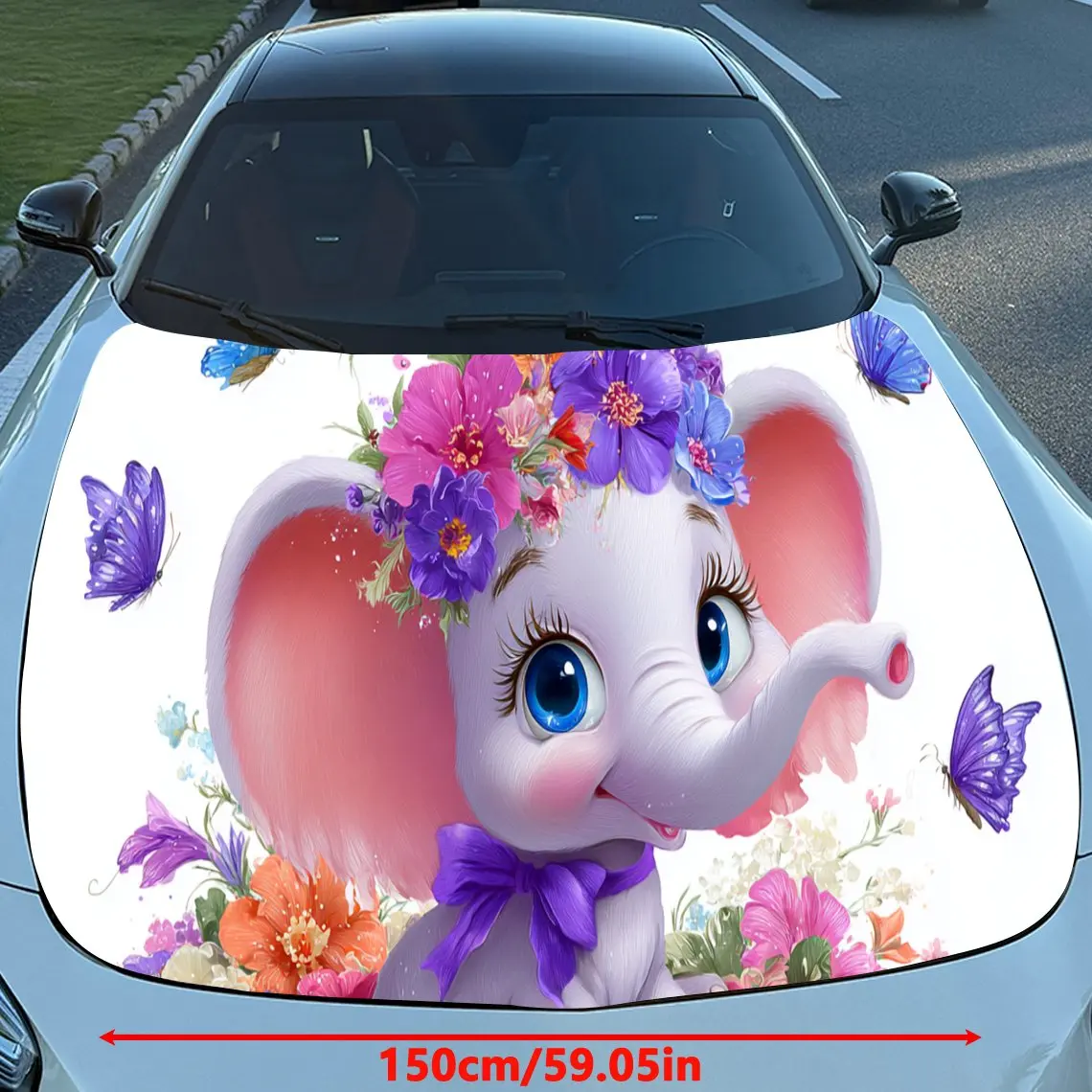 Adorable Elephant with Butterflies PVC Car Engine Hood Vinyl Wraps, Self-Adhesive Waterproof Car Hood Decal Sticker, Car Decorat