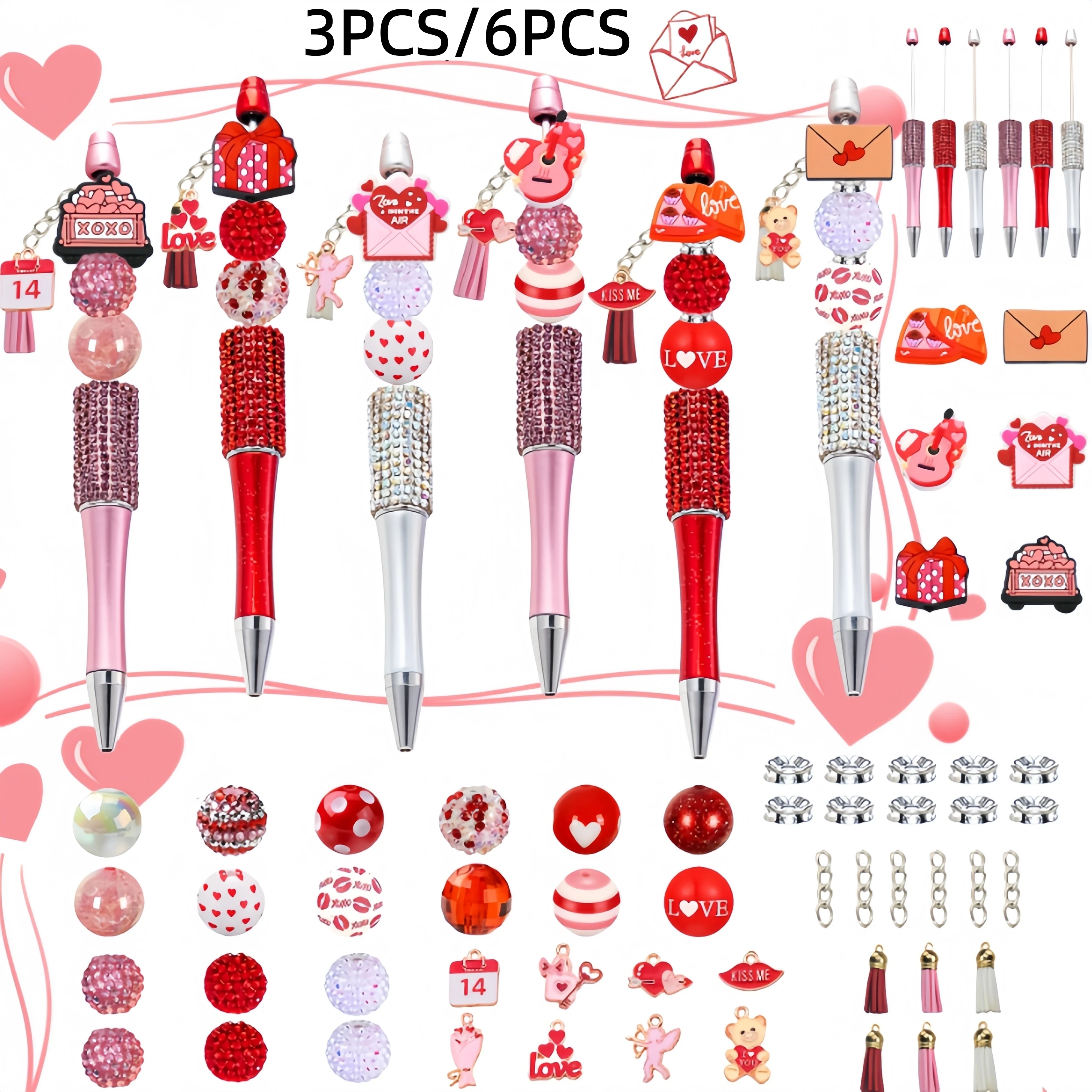 3PCS/6PCS Valentine's Day DIY Bead Pens And Bead Tassels Set, Wedding Party Gifts, Office And Study Supplies