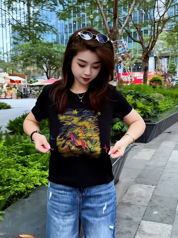 Doodle  Print Slim Fit Short Sleeve T-Shirt Women's Fashionable Black Summer New Style Commute Wind Korean Version Top