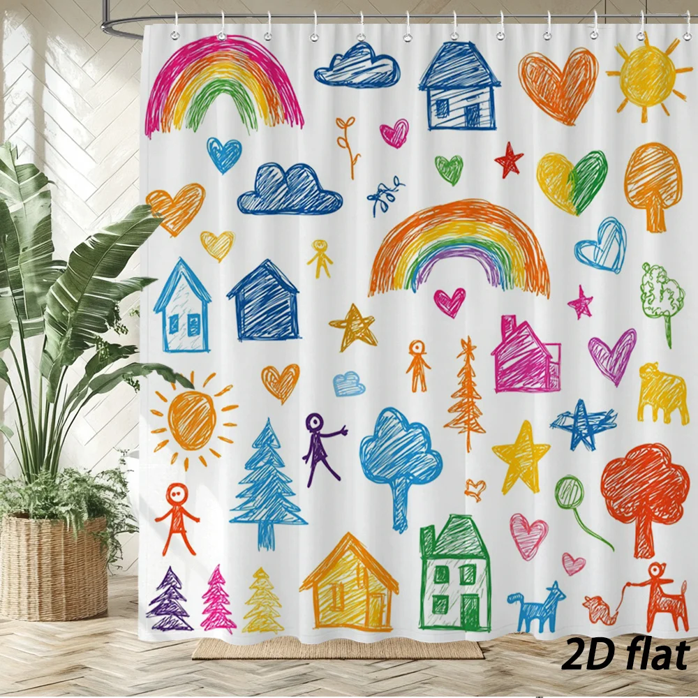 Lovely Kid‑Style Crayon Scribble Drawing Rainbow Sun Tiny Houses Trees Human And Animal Figures Bright Multicolored Sketch