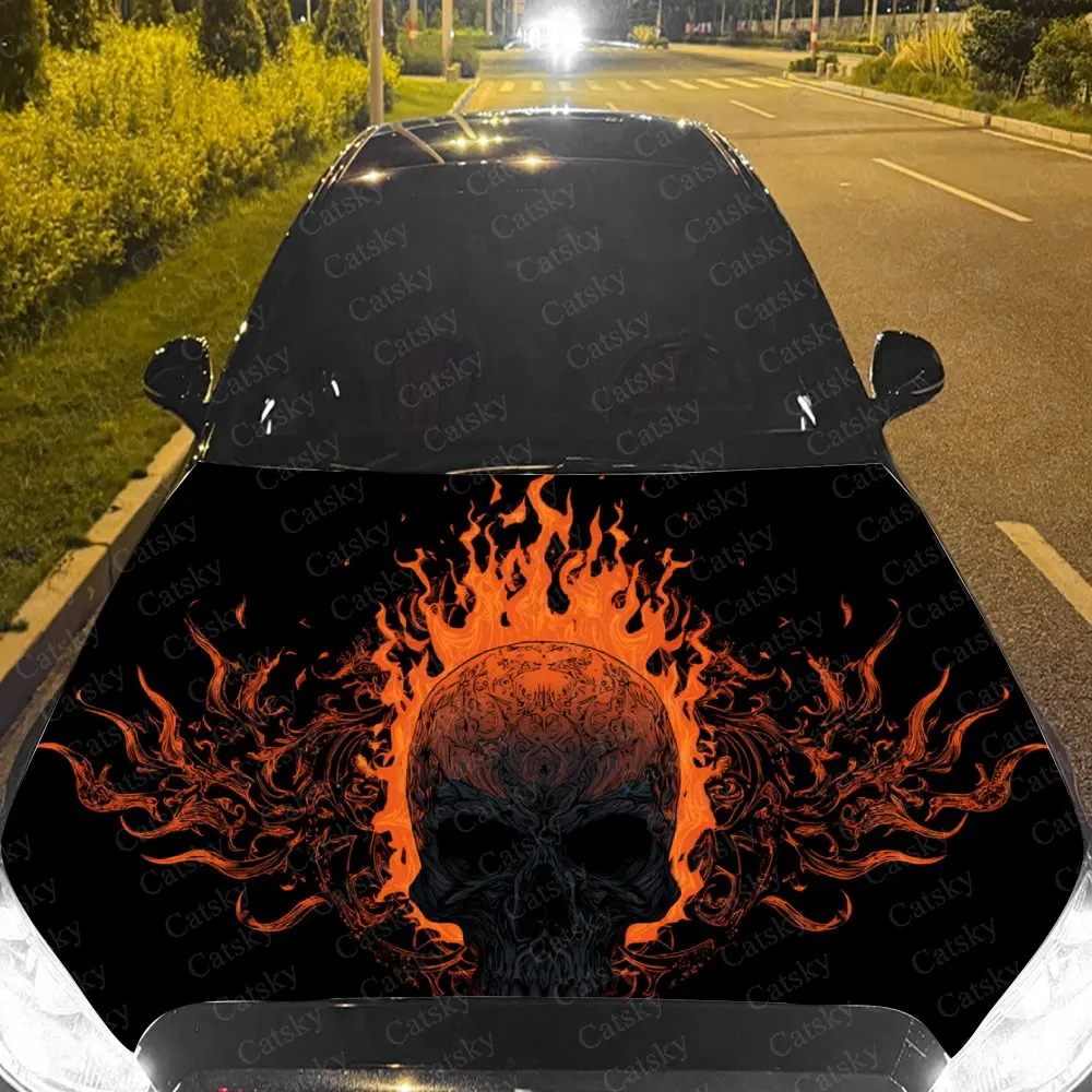 

Car Decal Skull with Orange Flame Artistic Fusion in Dynamic Fiery Design, Creating a Bold and Intense Visual Car Hood Sticker,