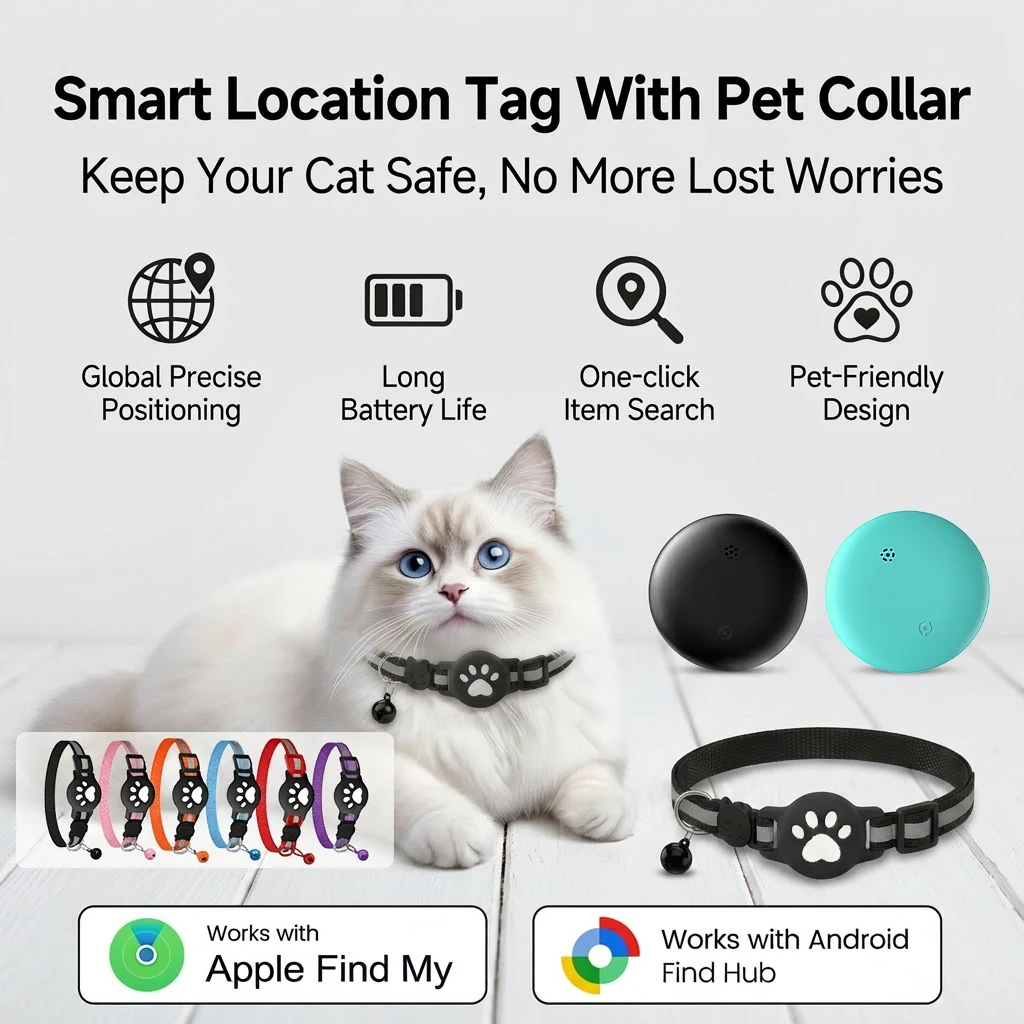 Cute Cat Collar Smart Tracker Tag Breakaway Reflective Kitten Collar with Bell for IOS & Google Find Hub Item Finder Wallet Pets