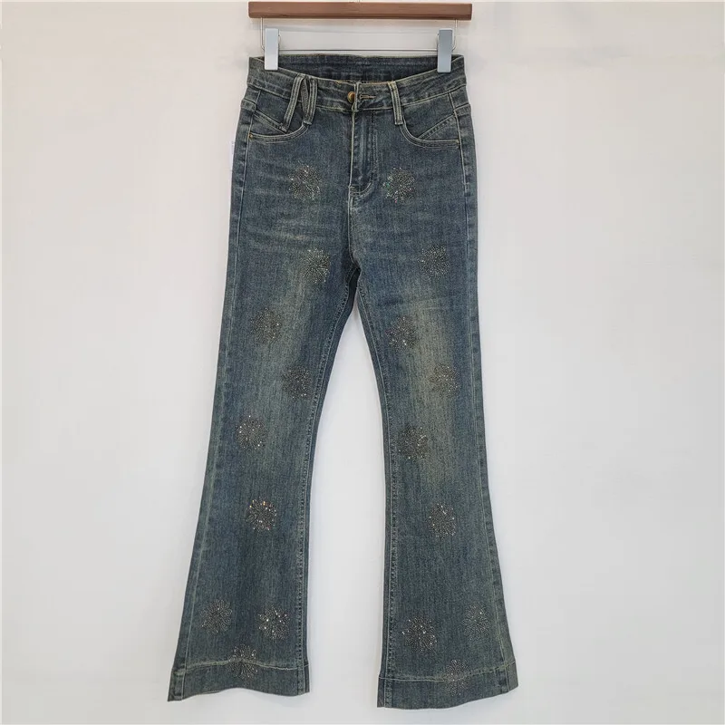 Anjy outono inverno novas mulheres americanas lavadas estiramento diamantes moda jeans retos ins tendência casual elegante calças jeans a16129