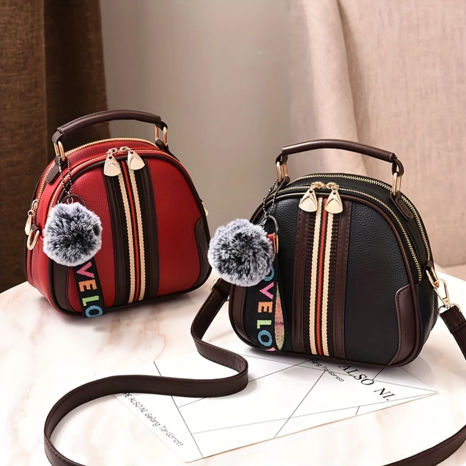 

Plush Pendant Shell Shape Satchel Crossbody Bag, PU Leather Textured Handbag Purse, Classic Versatile Fashion Shoulder Bag