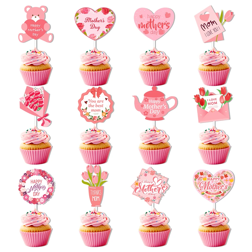 12/24pcs Happy Mother's Day Cake Toppers Pink Mom Letter Flower Decorative Mothers Day Gift Birthday Party Cake Dessert Decor
