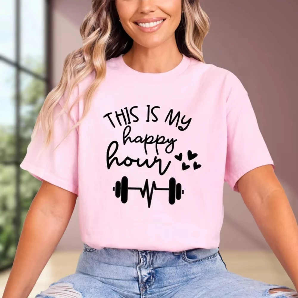 Trendy This Is My Happy Hour Gym T-Shirt Dumbbell Heartbeat Graphic Printed Tshirt Gym Lover Casual Wear Women Summer Casual