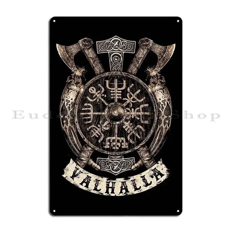 Viking Vegvisir Shield Navigation Compass Black and red Leather and gold Metal Plaque Wall Decor Funny Printed Tin Sign Poster