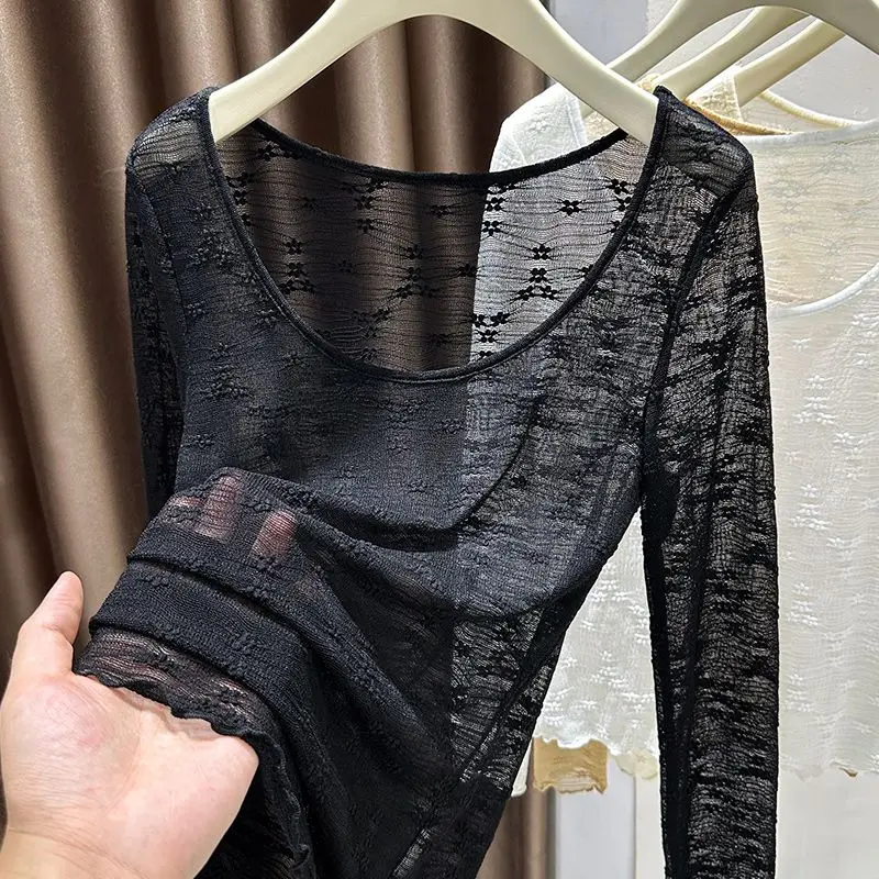 

plus Size Lace Long Sve Hollow out Thin round Ne Top Women's Casual Sle Slim Fit T-irt Base irt Inner Wear Top