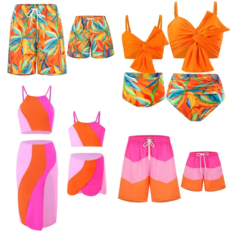

2024 UV Mother Kids Family Matching Swimsuit Women's Swimsuits Girl's Bikini Men's Boys Swimming Trunks Children's Baby Swimwear