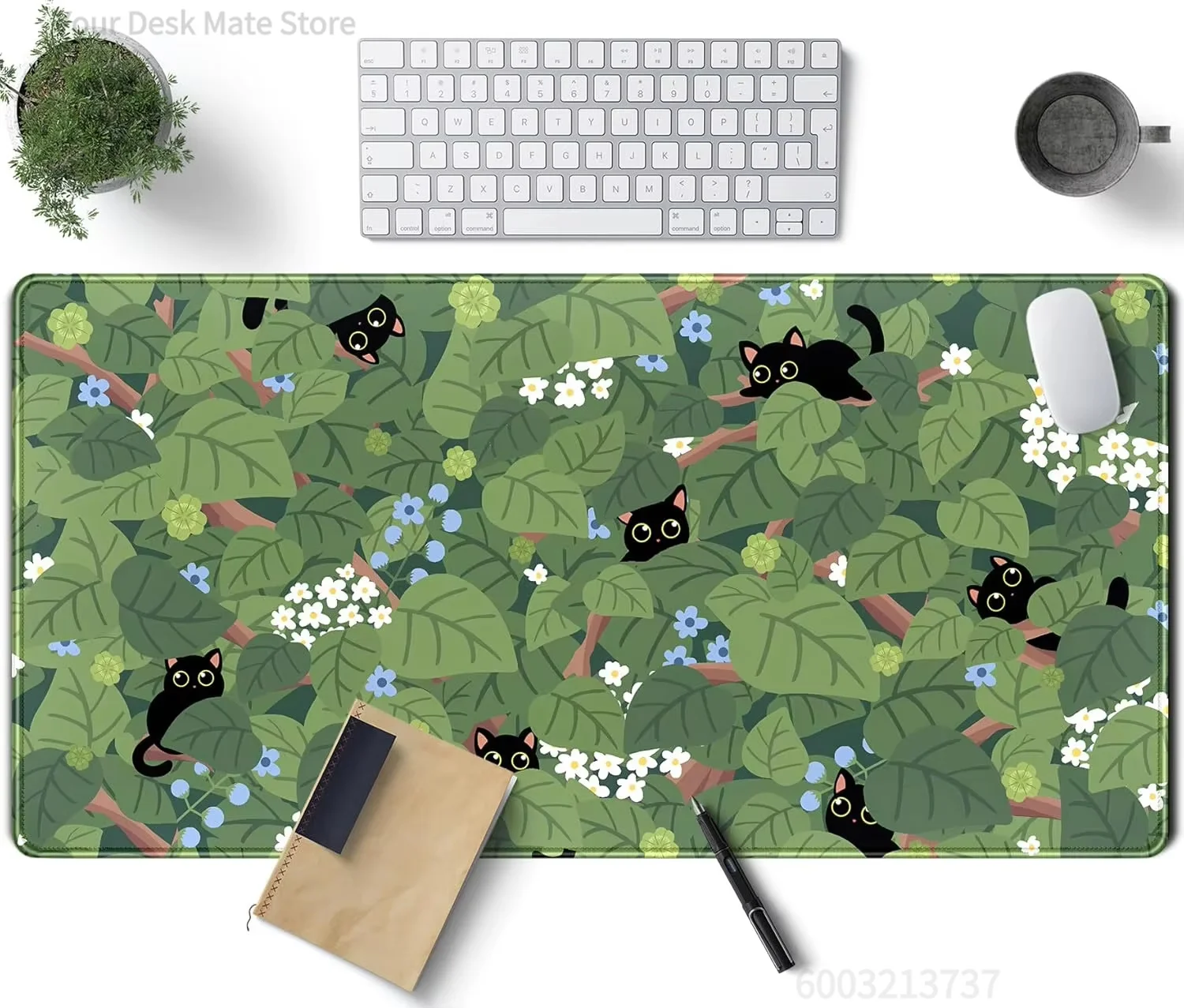 Green Leaf Hidden Black Cat Desk Mat Waterproof Non Slip Cute Kitten Floral Mouse Pad Lovely Gift for Cat Lovers & Girls