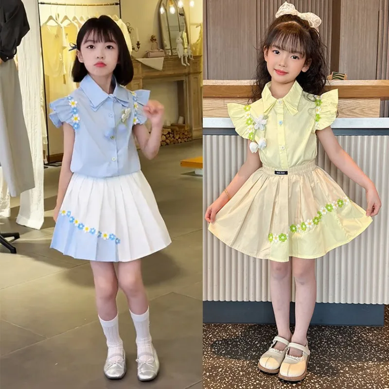 

Girls Summer Clothes Set Fashion Children Teens Causal Fly-sleeved Shirt Pleated Skirt Two Piece Sets 2025 New