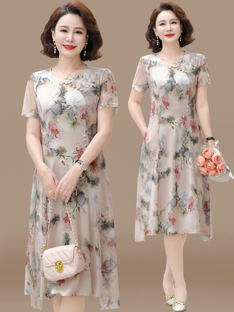 

Новое китайское летнее шелковое платье миди для женщин среднего возраста, модное, свободного кроя, с круглым вырезом, с цветочным принтом