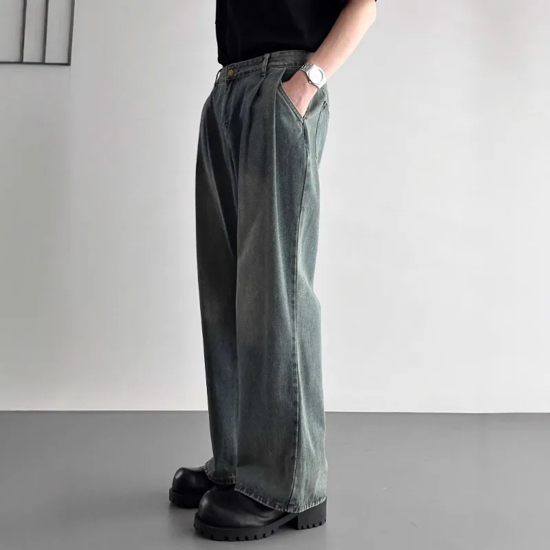 New American Retro Men Washed Denim Jeans Pleated Waist Loose Wide Leg Straight Trousers Casual Vintage Long Pants Daily Outfit