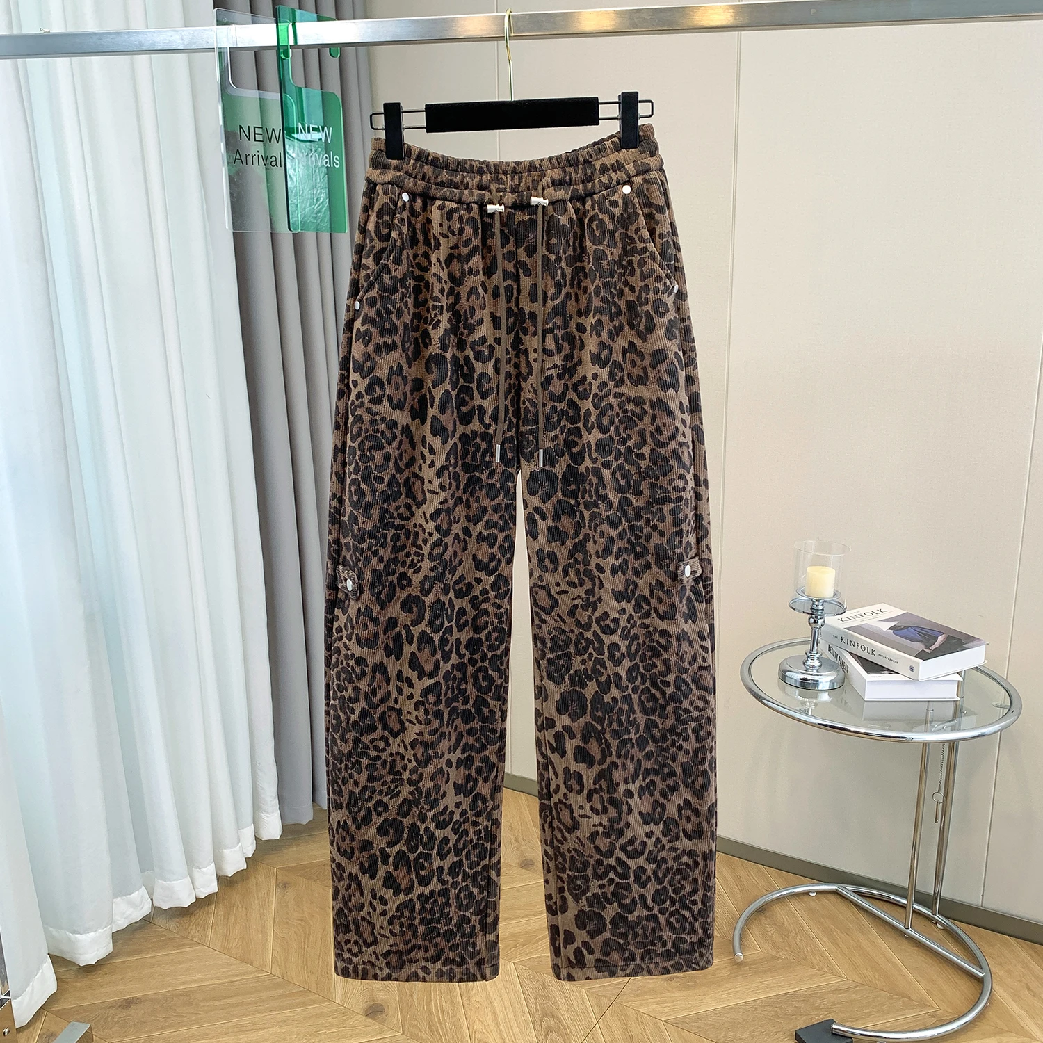 حجم كبير المرأة الرياضية بنطال ذو قصة أرجل واسعة عالية الخصر ثنى Thiened Fce الخريف الشتاء الموز السراويل Sweatpants