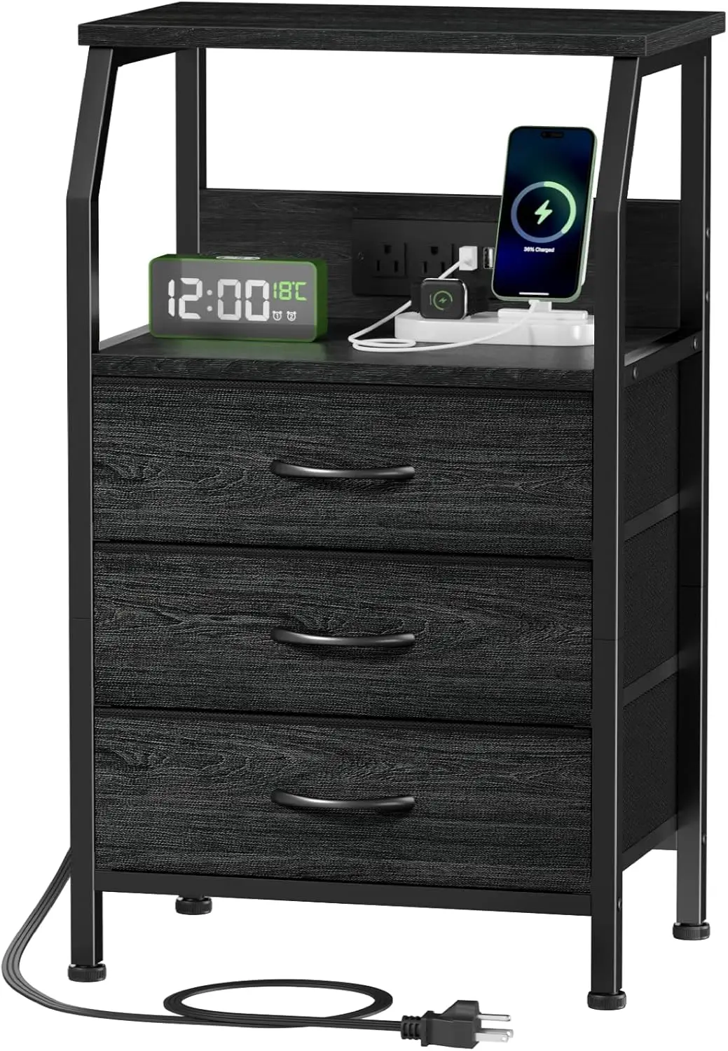 

Night Stand with Charging Station, 28.3 Inch Tall Side Table with Fabric Drawers and Storage Shelf, Bedside Table