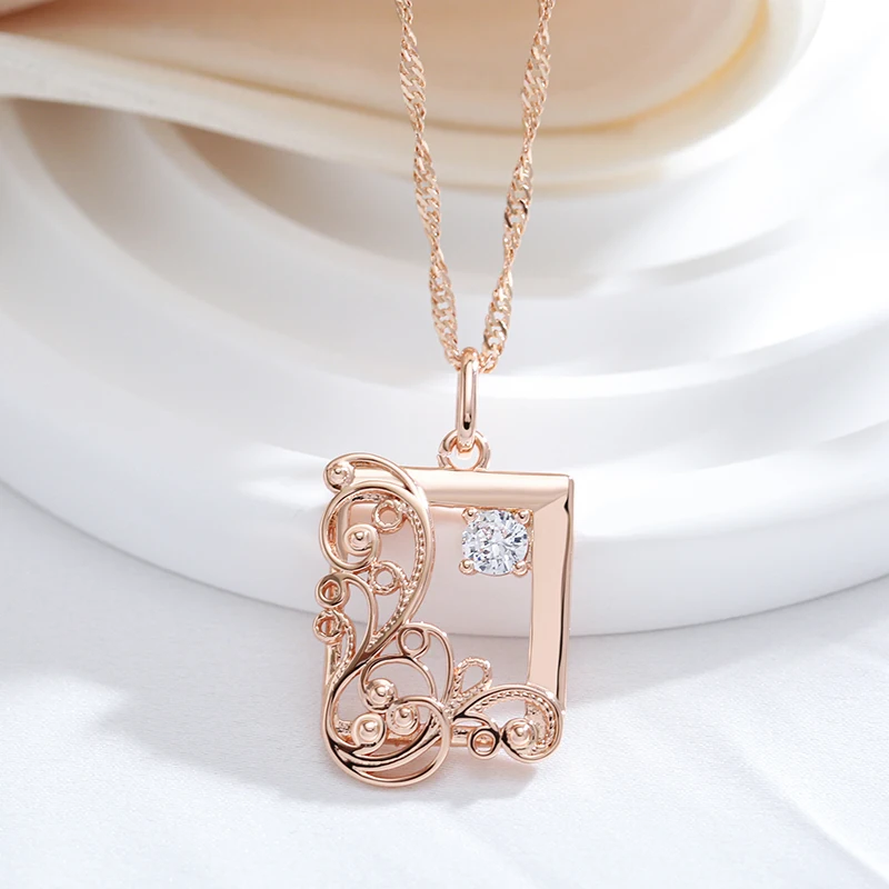 Kinel Vintage 585 Rose Gold Color Square Pendant Necklace for Women Natural Zircon Glossy Metal Ethnic Bride Trend Daily Jewelry