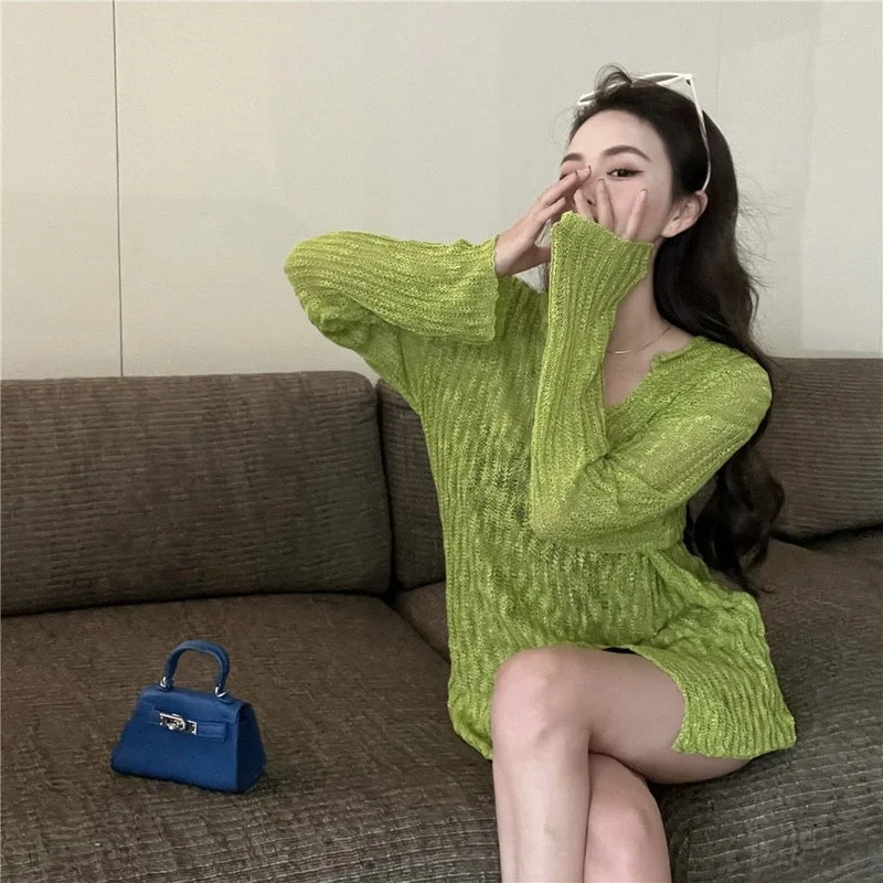 

Flare Sleeve Pullovers Women Mujer All-match Thin Breathable Sexy Ladies Solid Hollow Out New Design Korean Fashion Ins Hot Sale