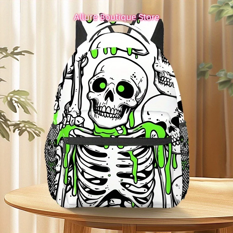 Zombie Skeletons (8) Aboriginal Style Backpack - Edgy Skull & Bone Print with Neon Green Dripping Effects, Lightweight Foldable
