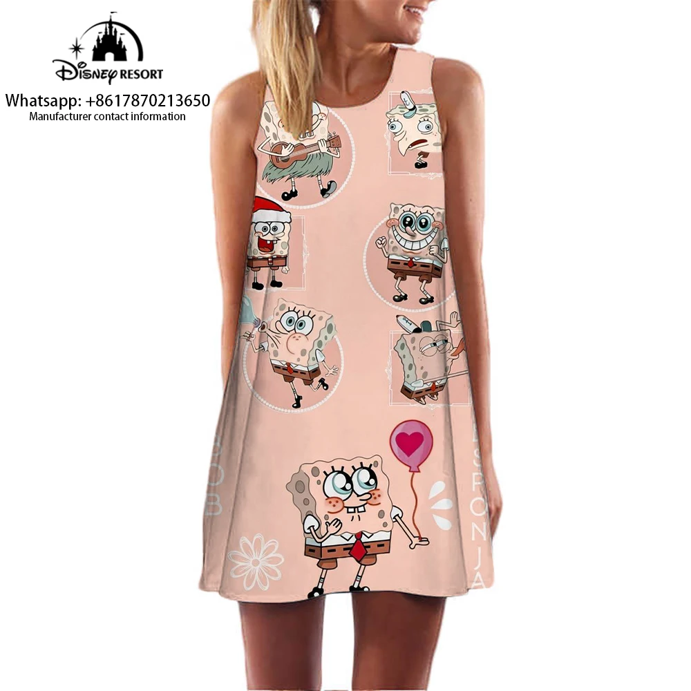 Casual Comfortable Dress SpongeBob Cartoon Dress 3D Cartoon Print Women's Sleeveless Dress Summer 2024 New Style