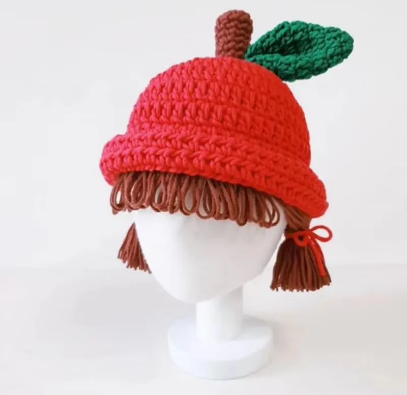 Red Apple Shape Cosplay Baby Girl Bucket Hat Hair Braid Wig Cap Winter Warm Knitted Children Kids Girls Hats Caps Accessories