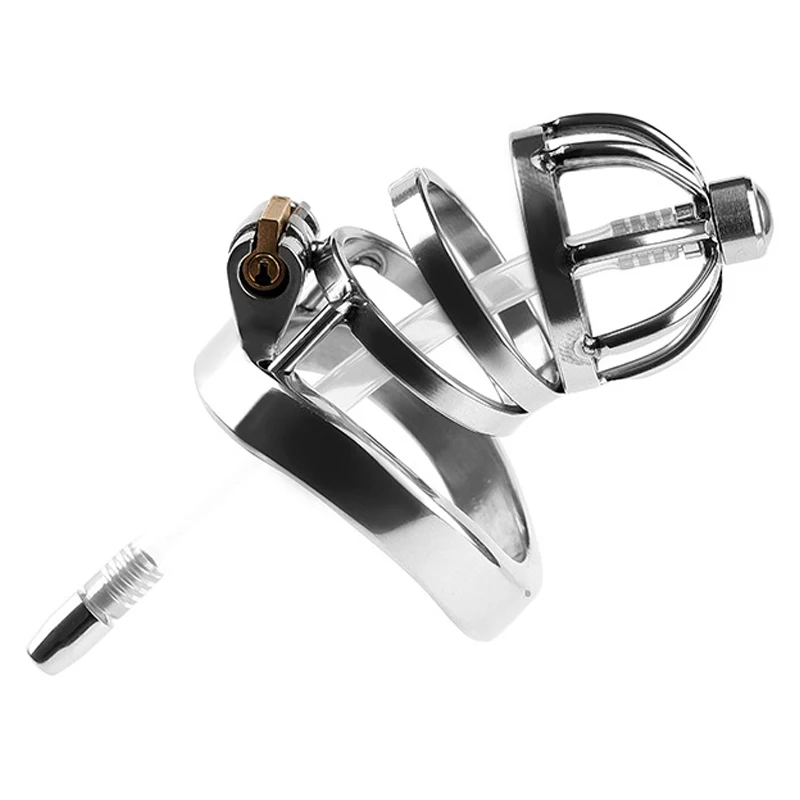 กรงครอบอวัยวะเพศชายโลหะพร้อมสายสวนปัสสาวะ, แบบล็อคได้ ป้องกันการดึงออก ป้องกันการหลุดรอด สำหรับการควบคุมการถึงจุดสุดยอดในกิจกรรม BDSM