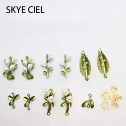 wholesale 10Pc Green Baked Enamel Leaves Flower Pendant Charms Metal Alloy Connector Accessories DIY Jewelry Making Component