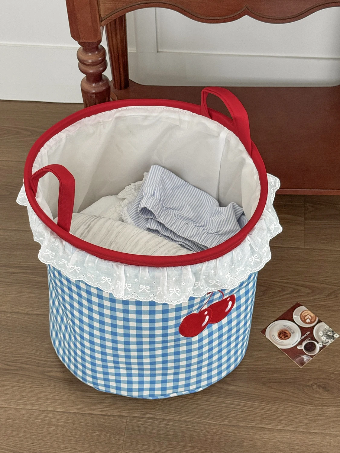 Cute Cherry Lace Grid Storage Bag With Handle Square Home Dirty Clothes Underpants Daily Necessities Rotundity Organizer Bag