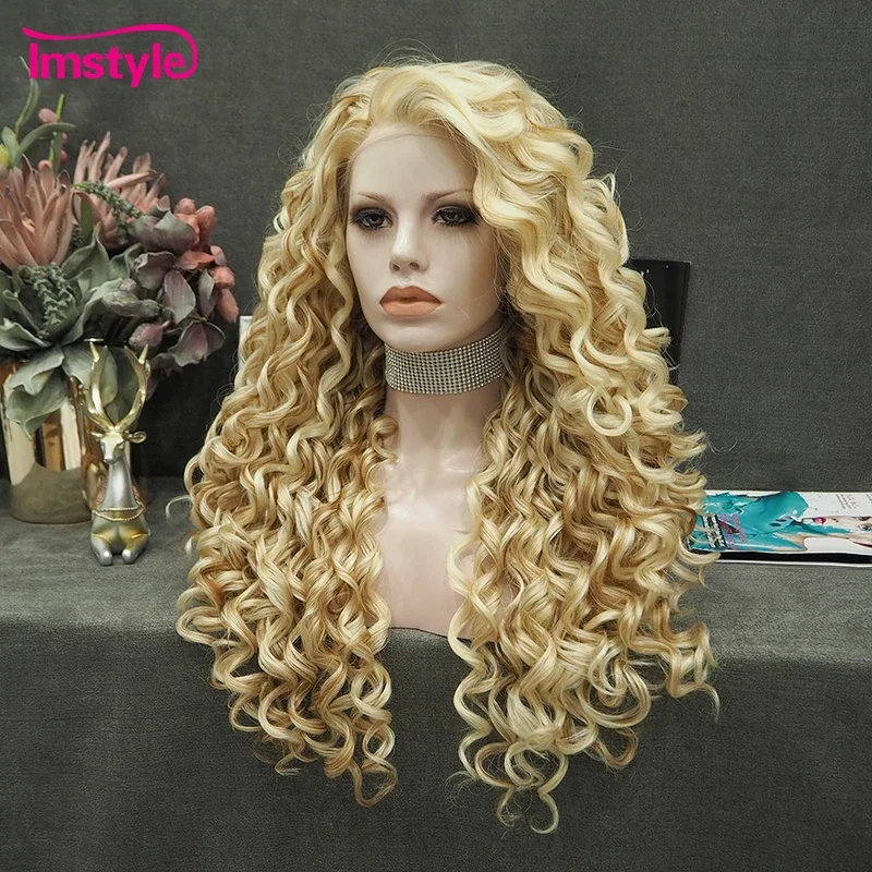 Imstyle Synthetic Lace Front Wig Blonde Golden Mixed Lace Wig Curly Heat Resistant Fiber Long Wigs For Women Cosplay Wig