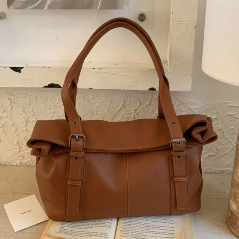 

Mulard Brown Minimalist Tote Bag Women Solid Color PU Leather Large Capacity Shoulder Bags Ladies Fashion Commute Motorcycle Bag
