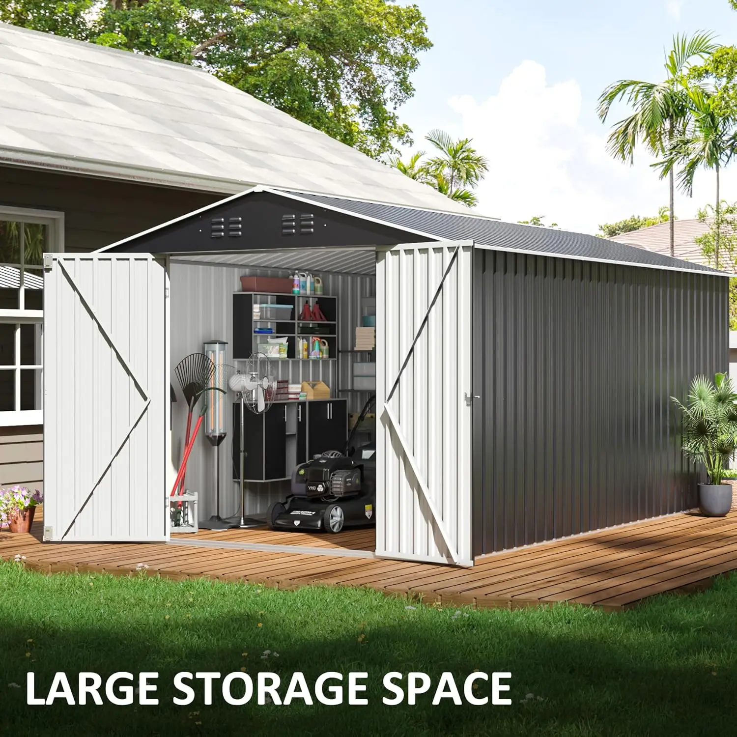 12x8 FT Outdoor Storage Shed Large Garden Shed with Updated Frame Structure and Lockable Doors Metal Tool Sheds  Black