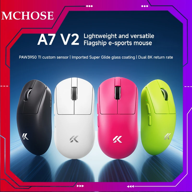 

MCHOSE A7 V2 Series Wireless E-sports Gaming Mouse Bluetooth Rechargeable PAW3395/3950 Lightweight Ergonomic 2.4G Wireless Mouse