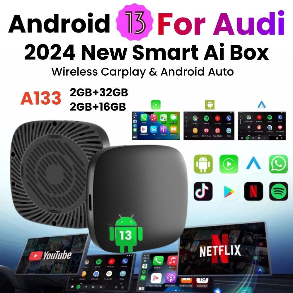 

Carplay Ai Box Wireless CarPlay Android auto Tv Box For Youtube Netflix For Audi A3 A4 Q2 R8 TT A8 e‑tron Q3 Q4 A1 e‑tron Q8