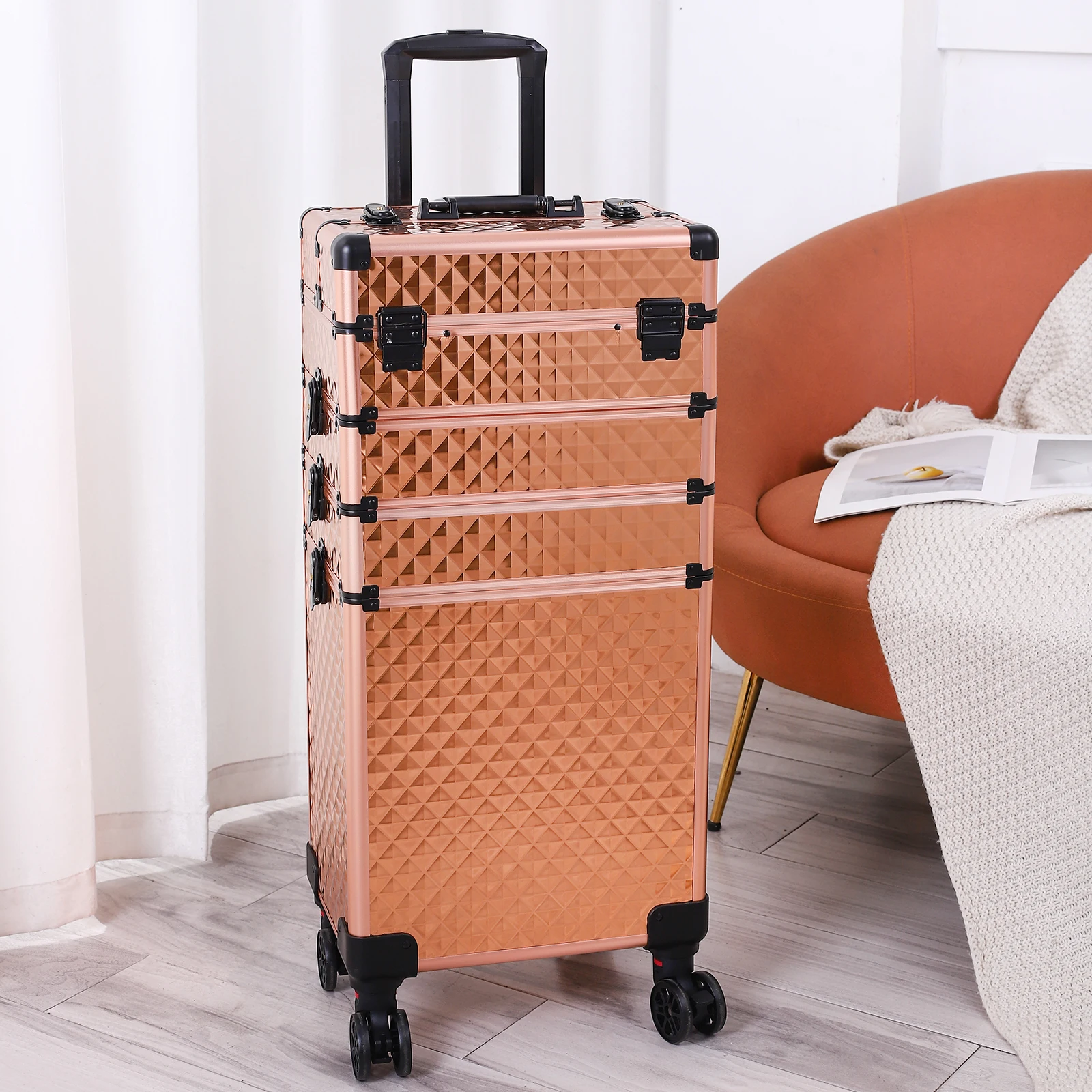 

4-in-1 Draw-bar Style Interchangeable Aluminum Rolling Makeup Case-Rose Gold Cosmetics storage box portable suitcase Storage Box
