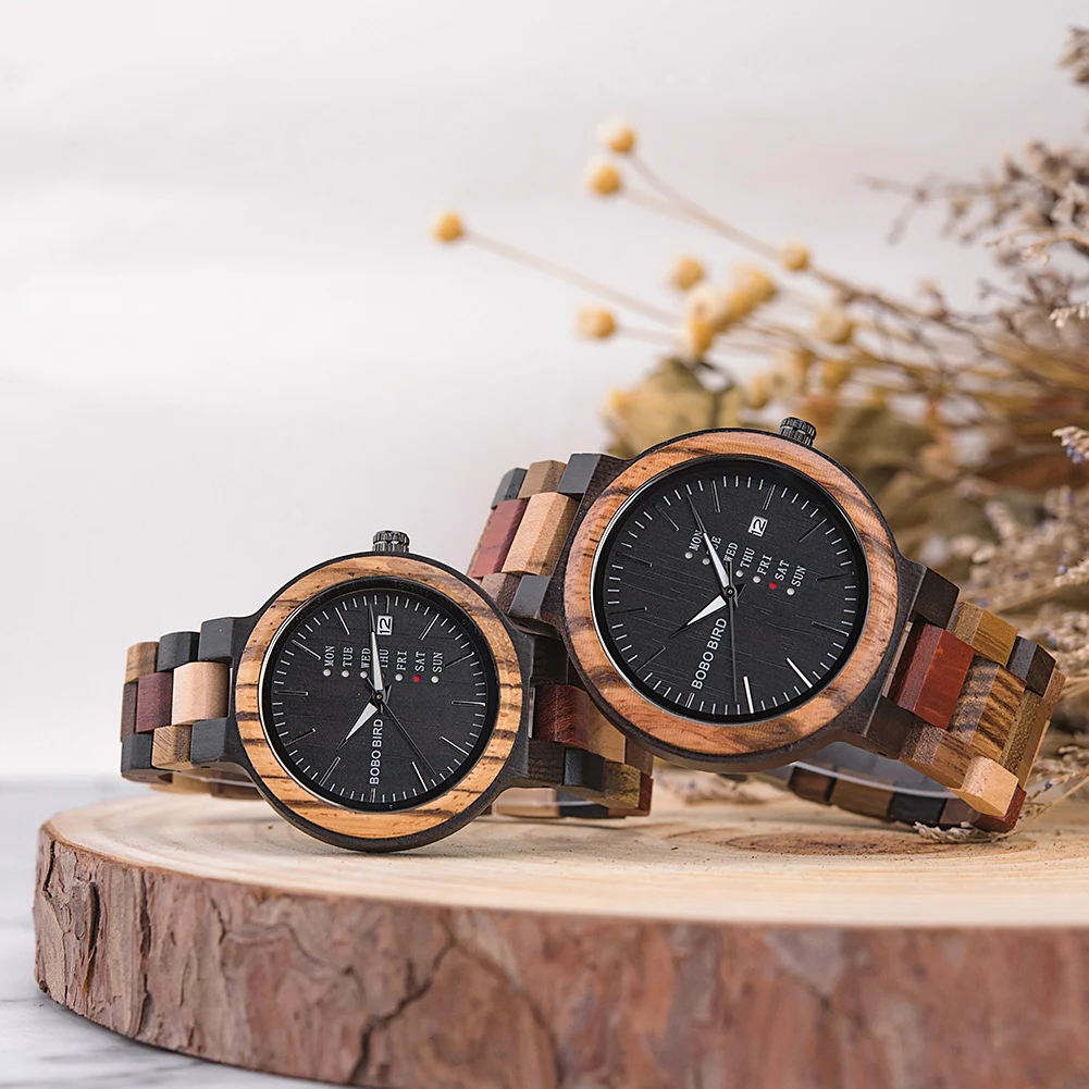BOBO BIRD Luxury Wood Couple Watches for Men Watch Auto Date Watch for Women Handmade Quartz Wristwatch Relogio Masculino custom