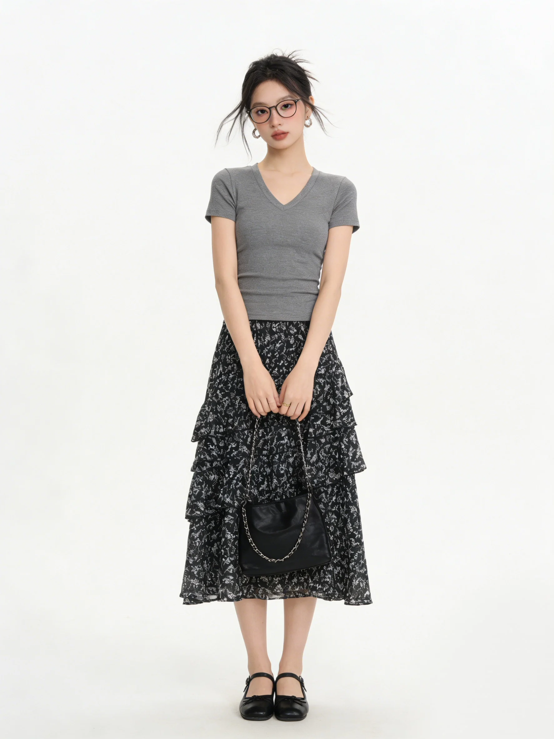 

Корейская летняя женская юбка с высокой талией, цветочным принтом, многослойная, с оборками, стройнящая, универсальная, средней длины