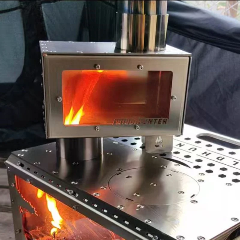 Camping Firewood Stove 2-Side Fire Observation Heating Stove with Chimney Cooking Platform - view 5