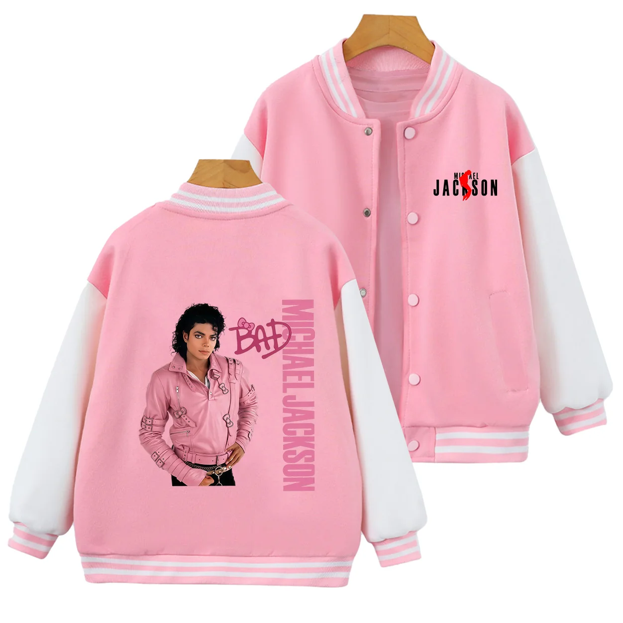 Kids Michael Jackson Print Baseball Jacket Pink White Contrast Sleeve Girls Boys Long Sleeve Coat Children Casual Outerwear
