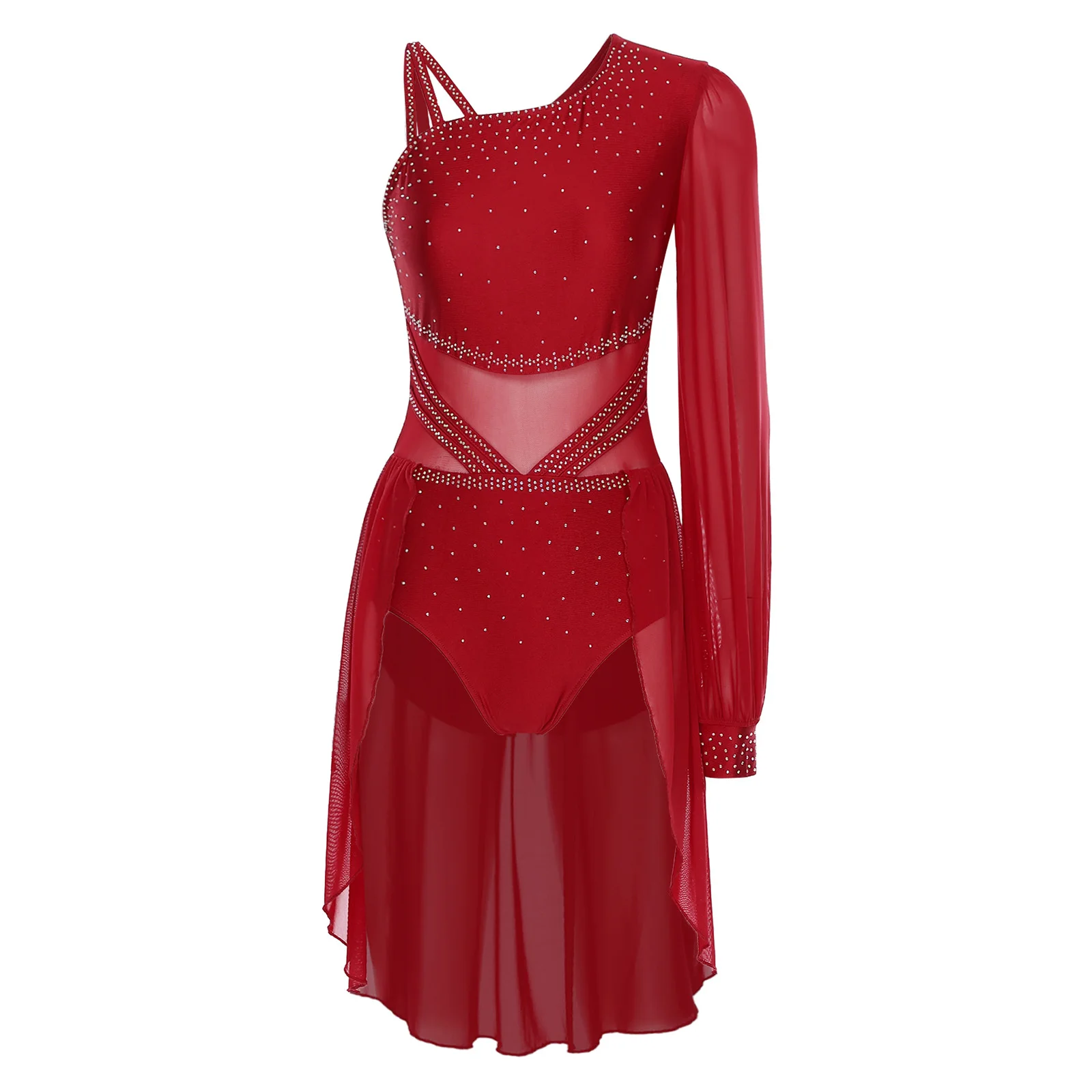 

Womens One-shoulder Single Sleeve Rhinestone Asymmetrical Press Button Design Rhythm Latin Dress for Latin Jazz Performance