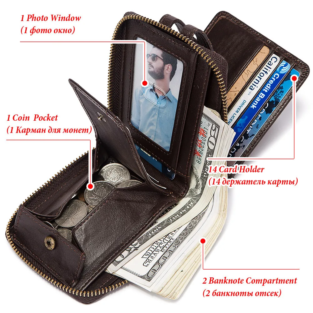Anti-theft brush men's real leather buckle zipper wallet short coin wallet retro leather business multi-purpose men's wallet