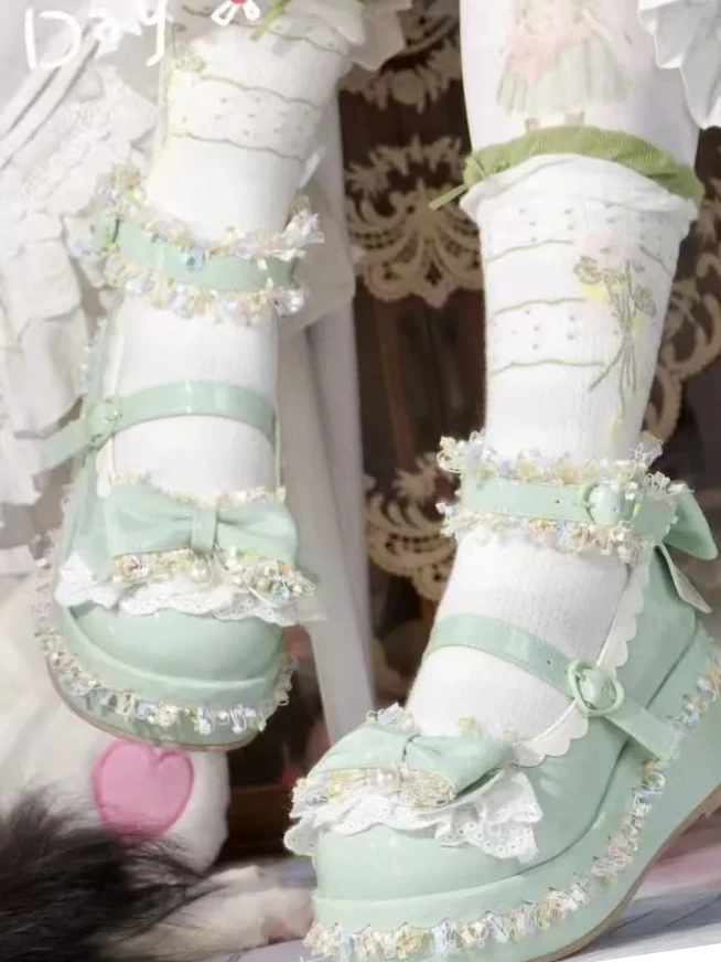 

Sweet Bow Heavy Industry Lace Round Head Platform High Heels Lolita Cute Splicing Color Pu Single Shoes Princess High Heels